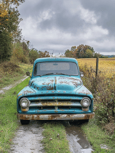 Restored 1950s Ford F-100 truck parked on a rural path, showcasing Wilson Auto Repair's classic car restoration expertise.