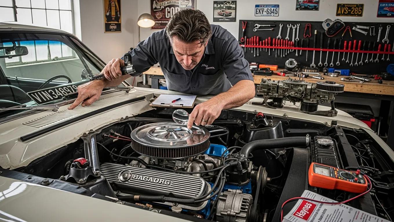 Mechanic inspecting a classic Ford Mustang engine, highlighting authenticity verification and restoration importance, with tools and a clipboard in a workshop setting.