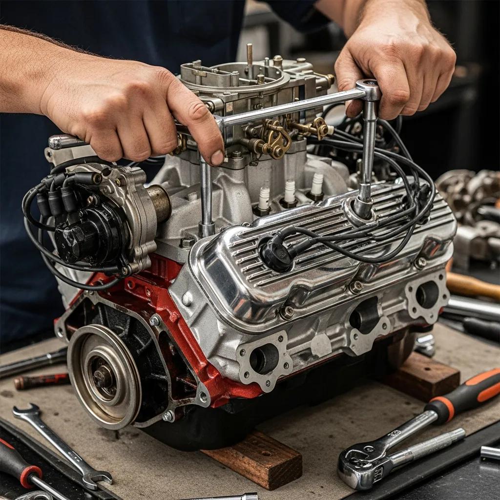 Mechanic assembling a vintage Mustang engine with tools, highlighting the detailed engine rebuild process in classic car restoration.