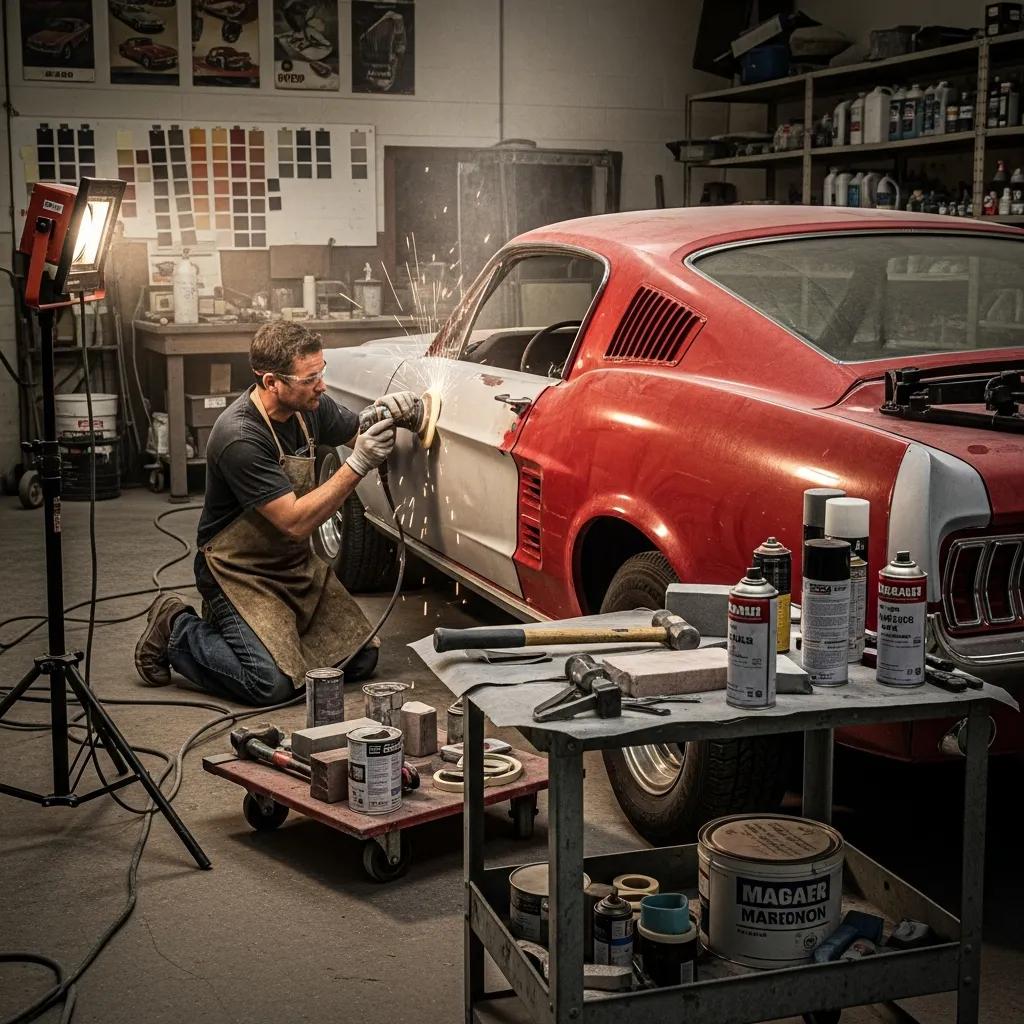 Technician restoring bodywork on a classic Mustang, emphasizing craftsmanship with tools and paint materials in an auto repair shop.