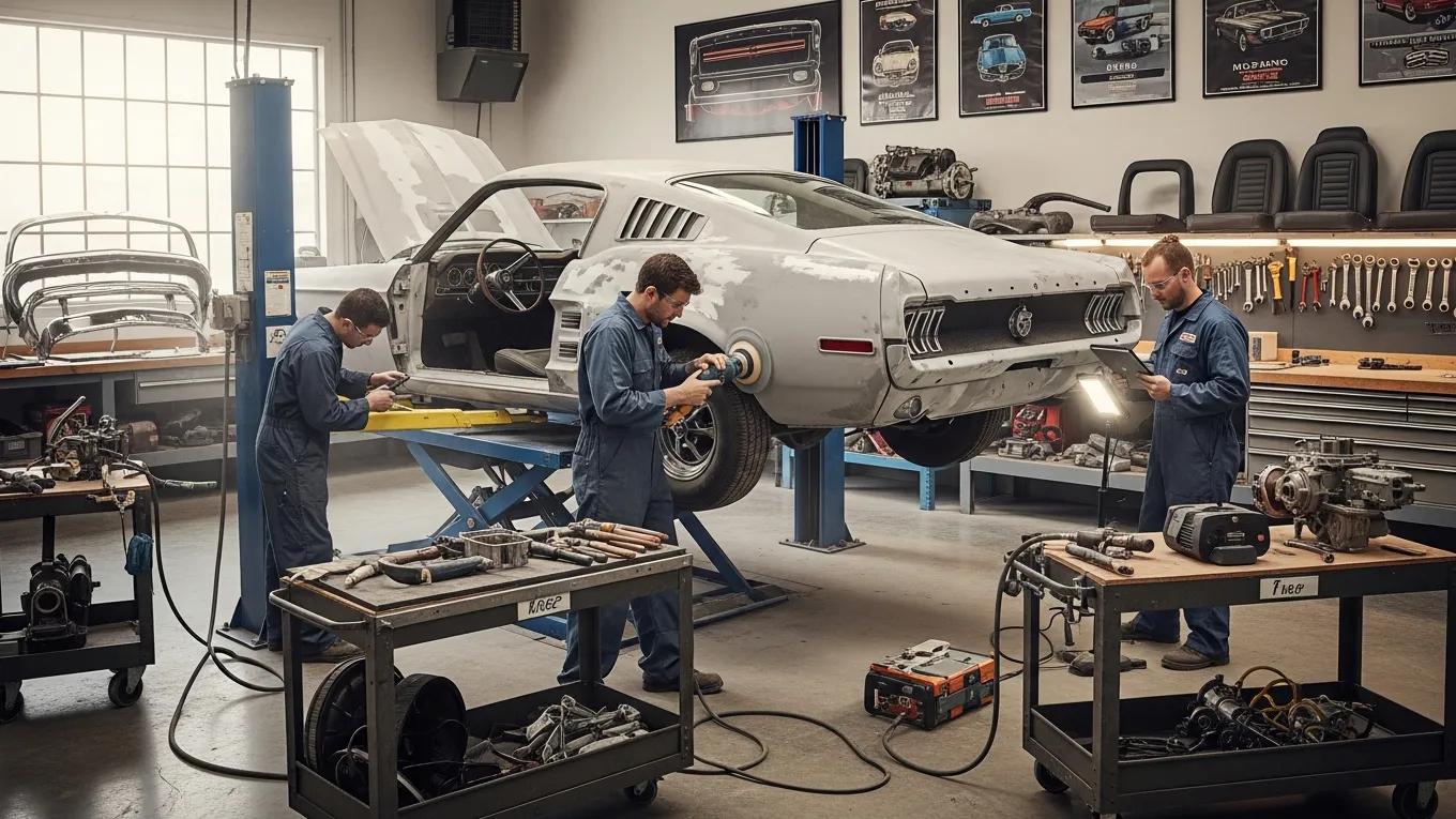 Technicians restoring a classic Ford Mustang in a professional workshop, showcasing craftsmanship and dedication amidst tools and equipment.