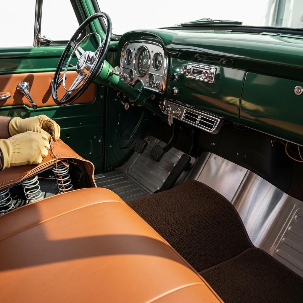 Restored classic pickup truck interior showcasing upholstery, dashboard, and trim craftsmanship.