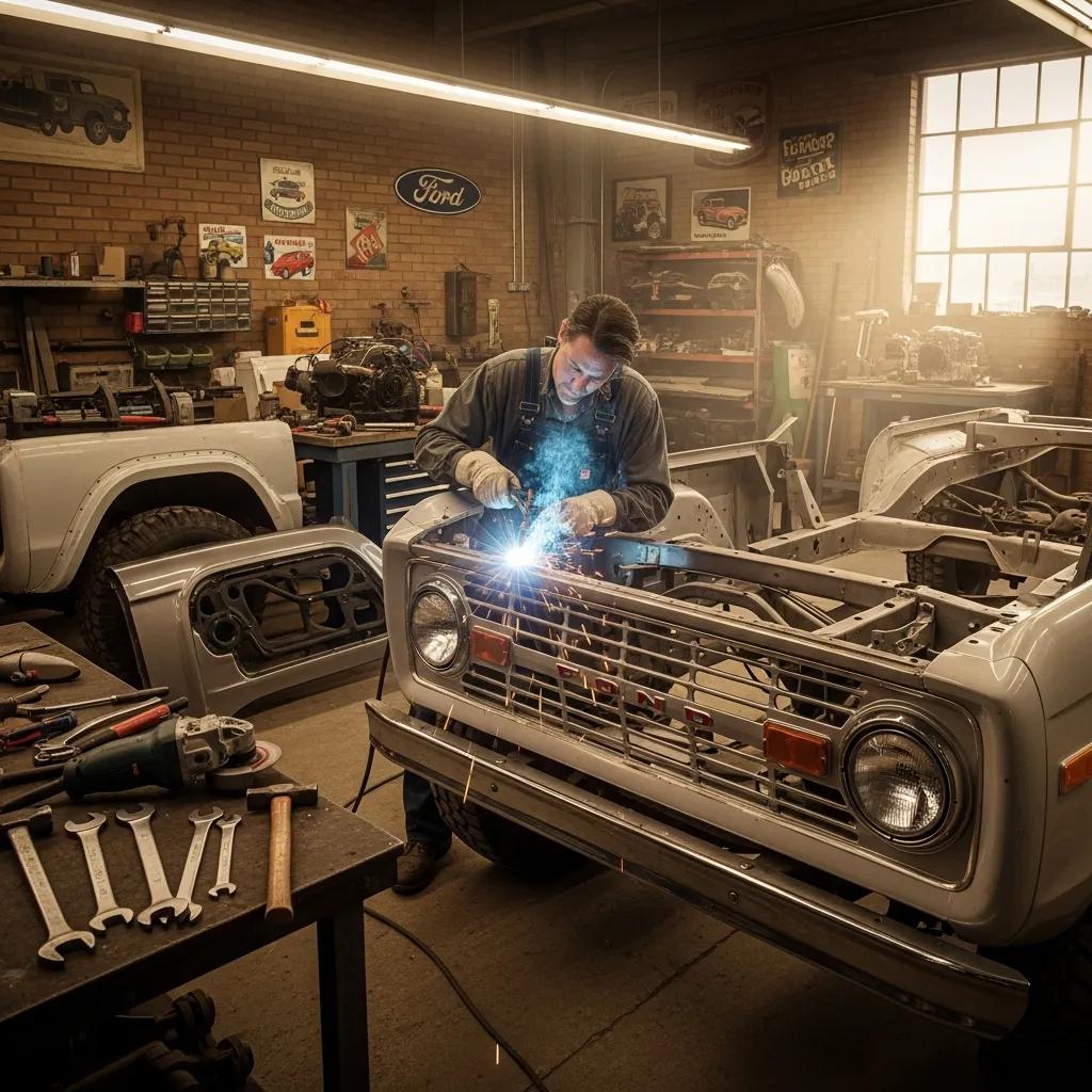 Ford Bronco body and frame restoration in workshop, technician welding frame components